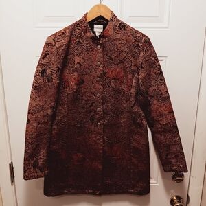 Chicos Tapestry Coat Womens 1/Medium Earthy Red Textured Artsy Motifs Jacket